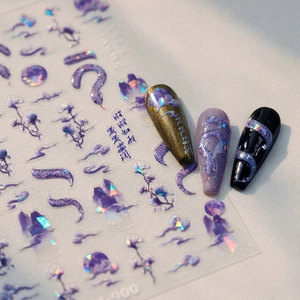 Holographic Laser Nail Art Stickers Self Adhesive Purple Snake Moon Flower Chinese Style Decals For DIY Manicure Decor