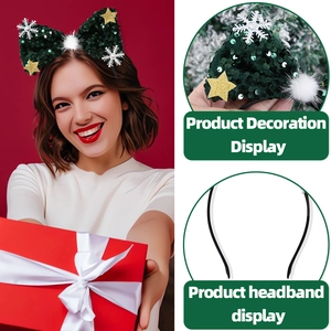 Christmas headband with green sequin bow, snowflakes, stars and festive hair accessory