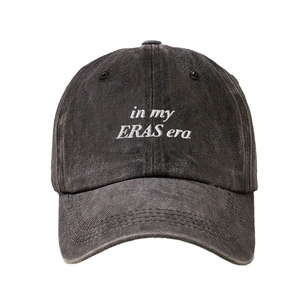 Washed charcoal grey denim baseball cap featuring white in my ERAS era embroidery