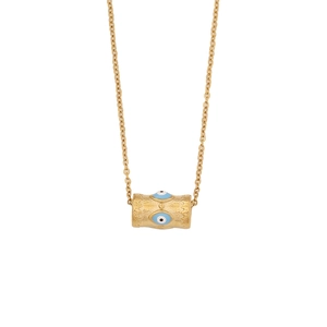 Collier doré en acier inoxydable avec pendentif œil bleu cylindrique sur fond blanc