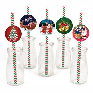 Christmas Paper Straws Red Green Striped Santa Snowman Decoration Festive Party Supplies Drinking Straws Decor