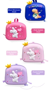 Detail view of colorful hardshell backpacks with 3D cute rabbits and dinosaur themes