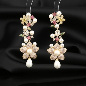 Flower Drop Earrings With Multicolor Zircon Faux Artificial Pearl And 925 Sterling Silver Earring Post Long Tassel Elegant Party
