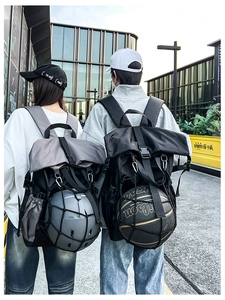 Detail of outdoor sports backpack with external mesh pocket for basketball or helmet