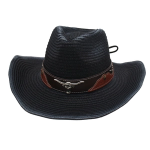 Chapeau de cowboy tissé noir avec ornement tête de taureau en argent et bande en cuir brun