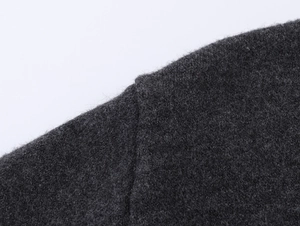 Close-up of charcoal grey high-density wool cardigan showing high-quality stitching details