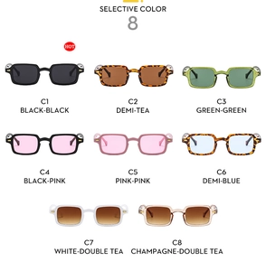 Detailed grid showing 8 vintage square sunglasses colors from classic black to champagne