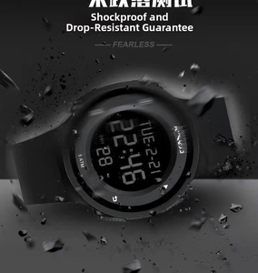 Detail showing high-impact shock resistance of waterproof digital sports watch with grit