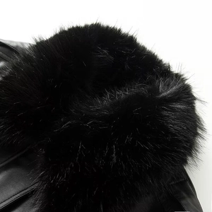 Women's black leather jacket featuring a detachable faux fur collar and premium texture