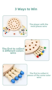 Three ways to play memory chess game with wooden base, colored pegs and dice