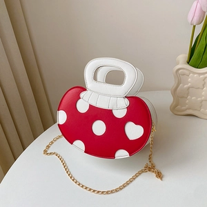 Mushroom Shaped Handbag PU Leather Polka Dot Heart Pattern Crossbody Bag With Metal Chain Strap Novelty Sweet Style For Women
