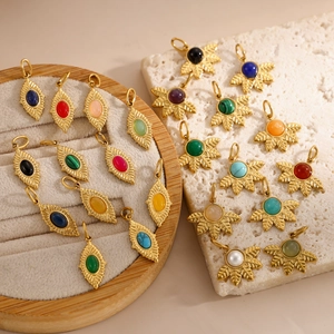 Gold plated stainless steel natural stone charms with leaf texture and colorful gemstones