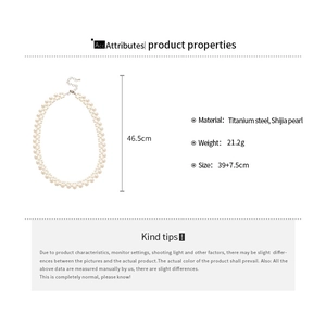 Detail view of double-layer stainless steel pearl necklace with adjustable sizing specs