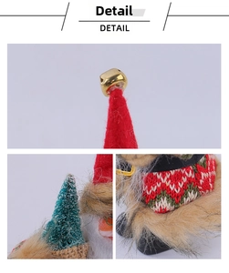 Detail of knitted Santa doll with red hat, golden bell, and faux fiber beard textures