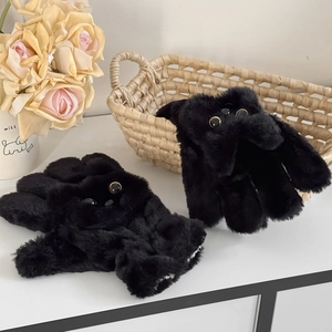 Cute black plush cat gloves with big eyes for winter, warm windproof furry mittens