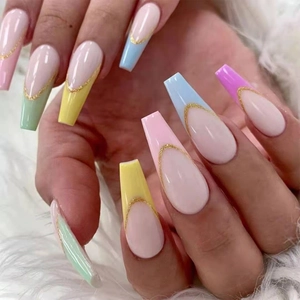 Long coffin press-on nails with macaron French tips and elegant gold glitter outlines