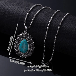 Detail showing vintage turquoise pendant with steel box chain and precise size measurements