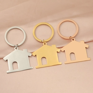 Minimalist house shaped stainless steel keychains in silver, gold and rose gold finishes