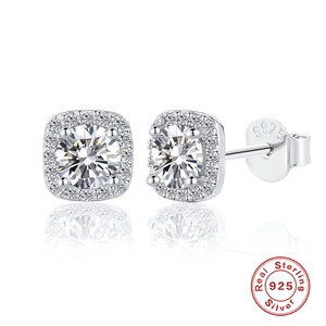 Elegant Round Moissanite Square Halo Stud Earrings With 925 Sterling Silver Earring Post For Women Dainty Dazzling Jewelry