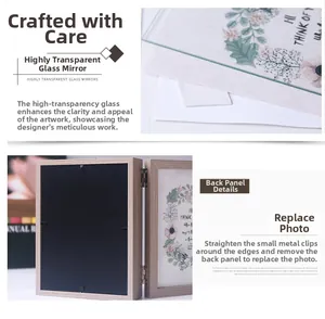 Close-up of double folding wooden photo frame with high-transparency glass and hinges