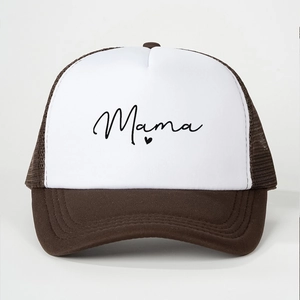 Classic white and brown mesh trucker hat with Mama script and heart print design