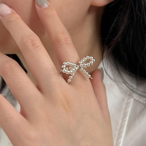 925 Sterling Silver Bowknot Beaded Ring Minimalist Adjustable Open Ring Sweet INS Fashion Jewelry Accessories For Women