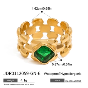 Macro view of 18K gold stainless steel ring with green malachite and cut-out chain band