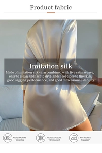 Detailed view of white silk-satin robe fabric with care icons and material specifications