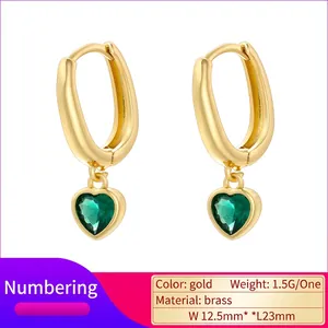Ins style brass heart earrings with green zircon drops in a polished gold finish