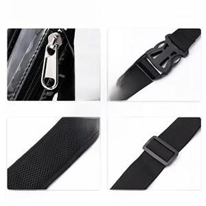 Detail view of transparent PVC chest bag with mesh strap, durable zipper and buckle