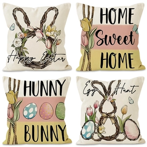 Happy Easter Throw Pillowcase Linen Blend Bunny Colorful Egg Printed Decorative Cushion Cover Home Sofa