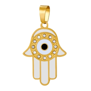 Gold Hamsa Hand necklace with white enamel evil eye and sparkling rhinestones