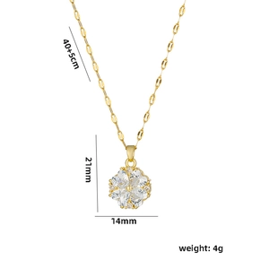 Gold stainless steel clover necklace with clear zircon pavé stones and size details