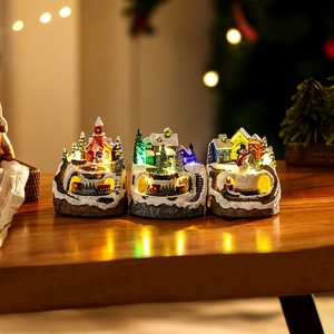 Luminous Christmas resin snow house music box with Santa Claus and LED warm light decor