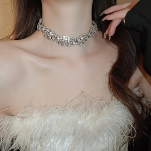 Detail of twisted silver choker necklace with sparkling rhinestones worn on a model's neck