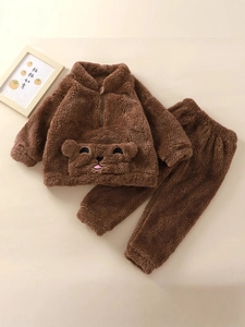 Cozy brown fleece children's pajama set featuring cute bear embroidery and 3D ears