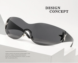 Macro view of oversized frameless Y2K sunglasses with silver star hardware on gray lens