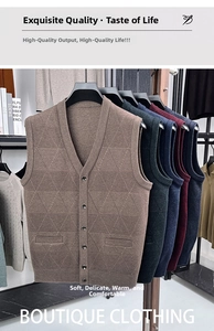 Detailed close-up of V-neck knitted cardigans with textured diamond patterns and buttons