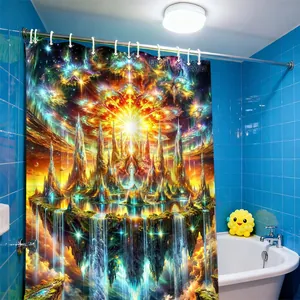 Detail shot of fantasy landscape shower curtain with waterproof fabric and white hooks