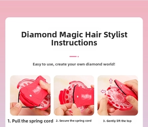 Three-step visual guide for hair bedazzler tool showing string loading and setup steps