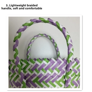 Close-up of lightweight woven handles on a colorful handmade basket bag in purple and green