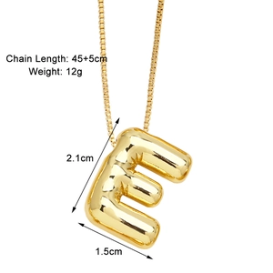 Detailed size view of a golden balloon-style letter E pendant with chain dimensions