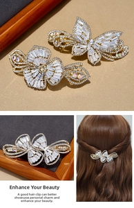 Detail of gold alloy butterfly hair clip with sparkling white zircon stones inlay