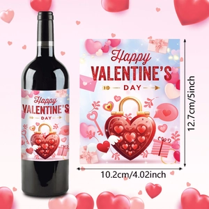 Valentine's Day wine bottle labels with heart lock design and Happy Valentine's Day text