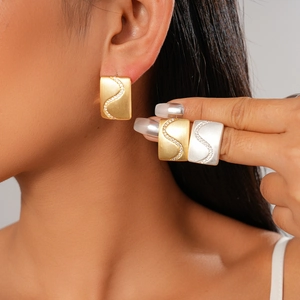 Rectangular Stud Earrings With 925 Sterling Silver Earring Post 18K Gold Plated Copper S-Shape Zircon Brushed Elegant