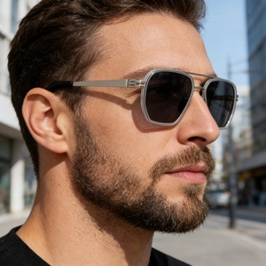 Men's polarized aviator sunglasses with square metal frame and double bridge design