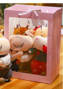 Détail montrant un sac cadeau en papier rose avec fenêtre et peluches pour l'exposition.