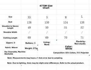 Detailed size chart for the white V-neck embroidered long-sleeve cotton shirt for women