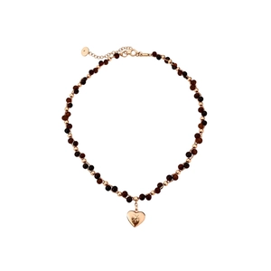 18k gold plated tiger eye heart pendant necklace with vintage brown beaded chain