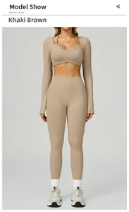 Ensemble de yoga 3 pièces marron kaki avec haut à manches longues, brassière et legging taille haute